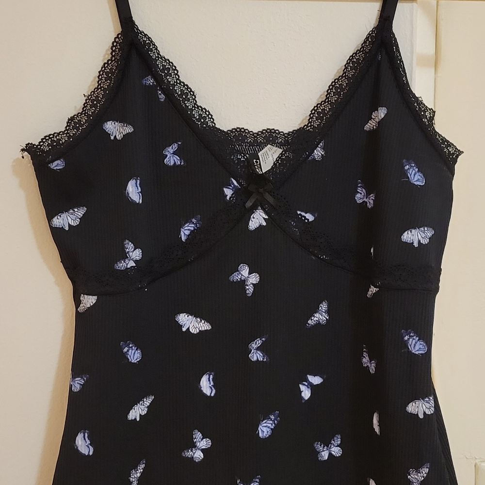 Black with blue butterfly dress, lace detailing H&M size large